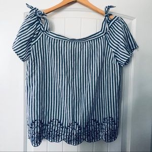 blue and white pinstriped short sleeve blouse